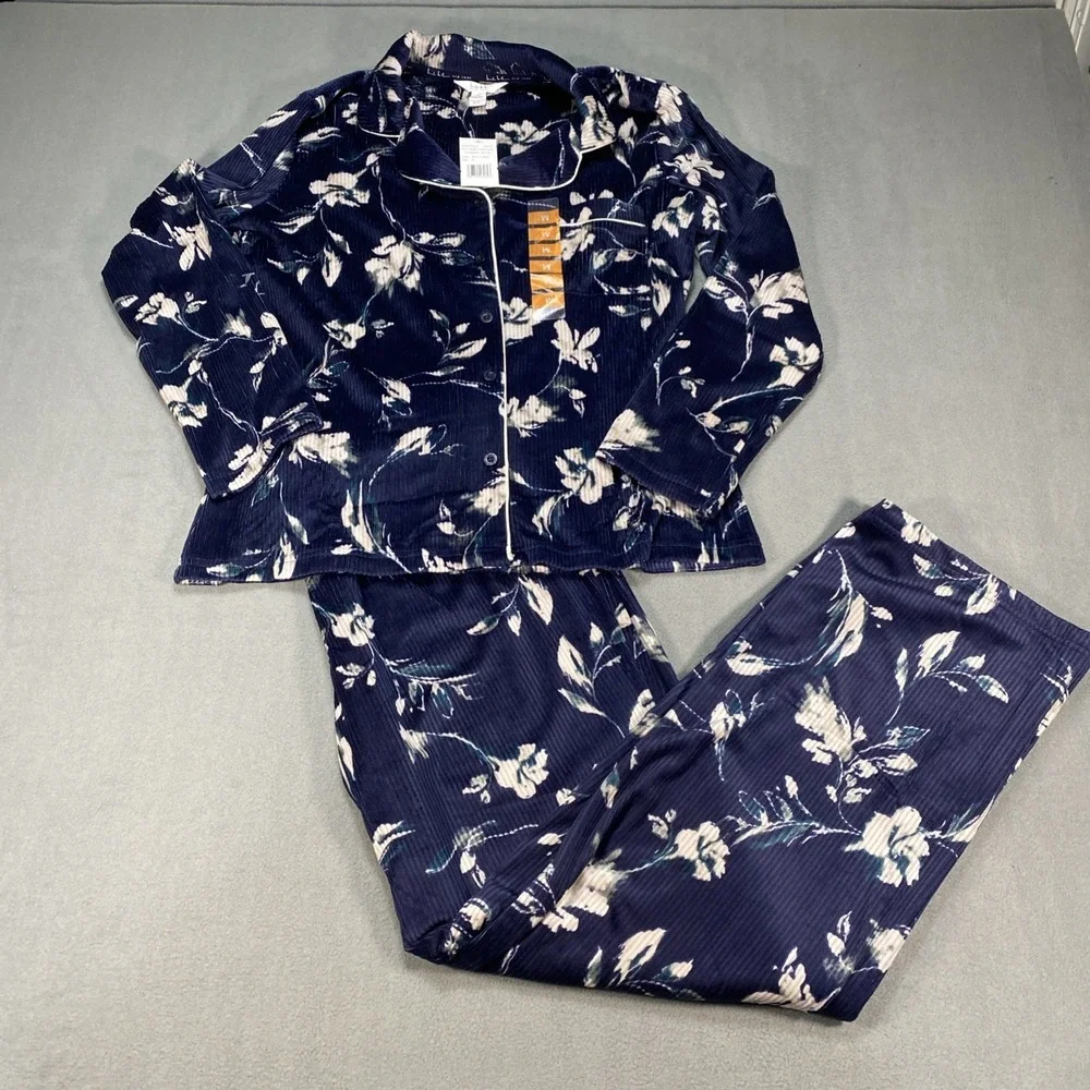 Nicole Miller Women's Soft 2pc Stretch Ribbed Pj Set , Navy Floral NWT Size Med